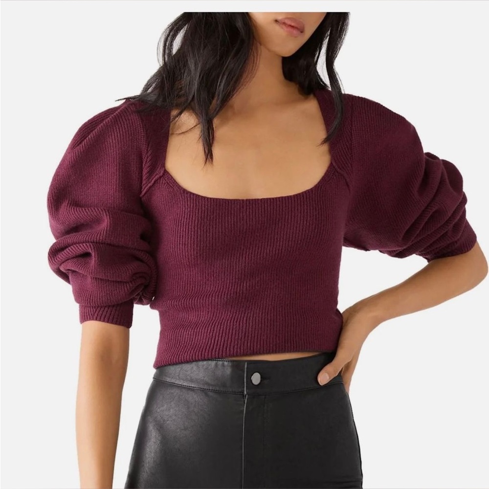 Free People women Saffron Cropped Sweater Pomegranate Wine Puff Sleeve